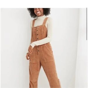 Aerie Corduroy Kick Flare Leg Overalls Button Front Khaki Tan Brown Size Large
